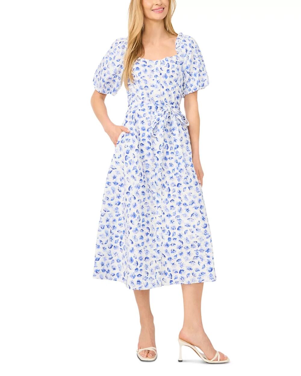 CeCe Floral Eyelet Puff Sleeve Midi Dress Blue Size L 3641